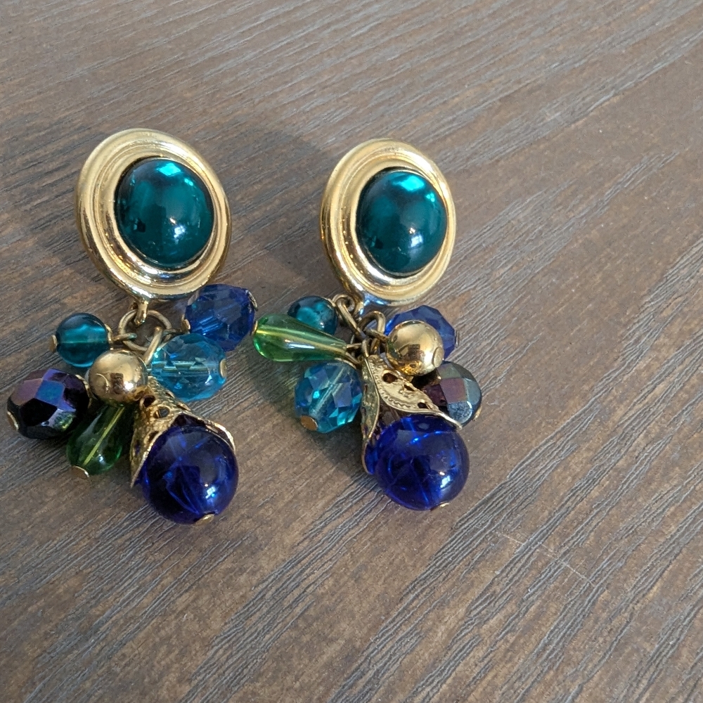 Elegant Gold, Green and Blue Dangle Earrings